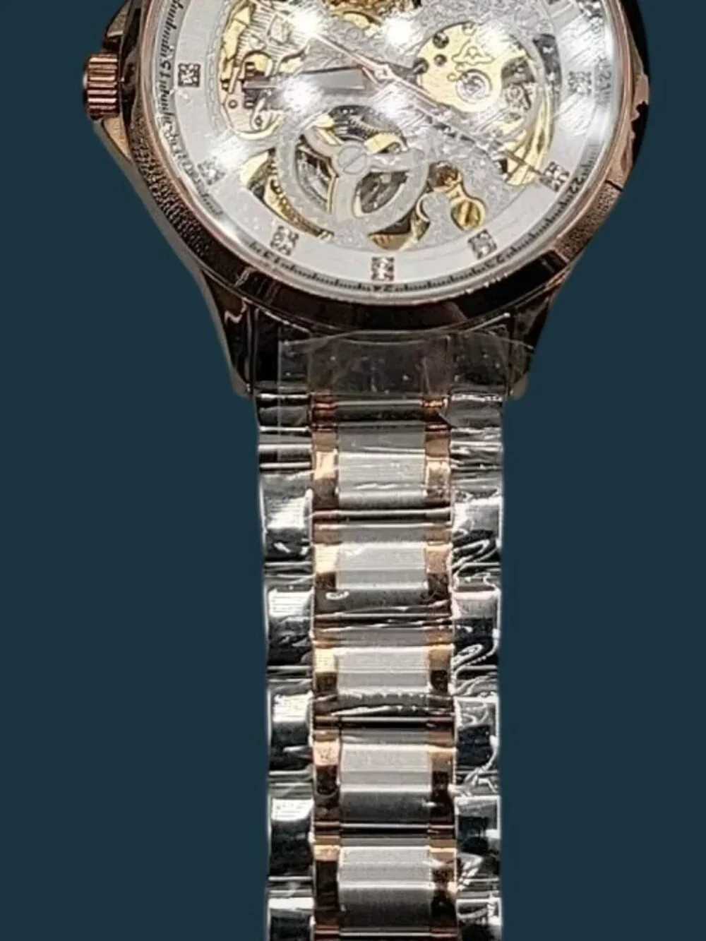 Luminous Mens Skeleton Automatic Watch 42mm T22k Gold Plated Diamond Markers